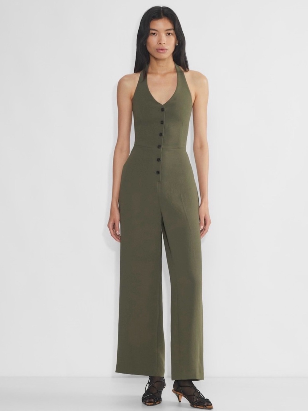 Wilfred (Aritzia) Wilfred Halter Button-Front Wide-Leg Jumpsuit (Green)